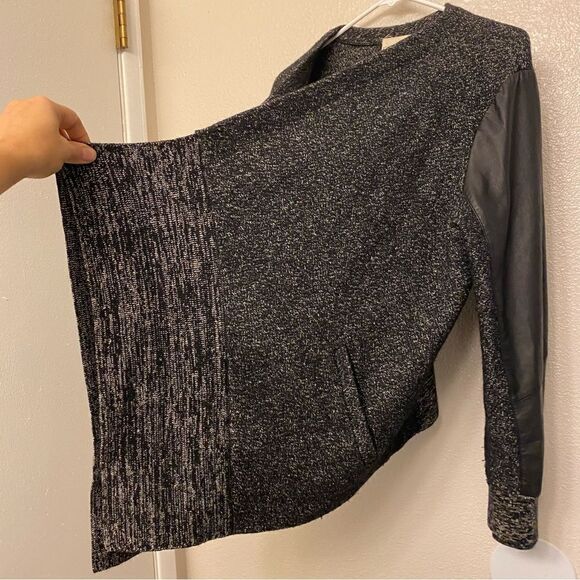 Pure DKNY Open Front lamb skin Leather Sleeve sweater Cardigan wool linen  M/L - Picture 3 of 11